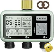 Watering Timer 3 Zone with Brass Inlet, Sprinkler Timer, Programmable Garden Outdoor Hose Faucet Timers with Rain Delay, Auto & Manual Watering System,Water Hose Irrigation Timers 3 Outlet for Garden