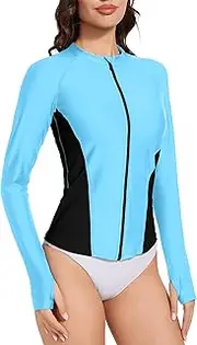 [Cagola] Rash Guard for Women Zipper Long Sleeve Swimsuits Uv Protection Full Coverage Swim Shirt Rashguard Tops Surfing Ladies, Light Blue, Large
