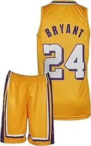 [Amdrabola] Lakers Kobe Bryant Children's Basketball Jersey Kit, Black, Yellow, Comes with Shorts Basketball Fans (4-13 Years)