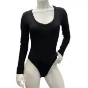 MANGOPOP Bodysuits for Women Long Sleeve V-Neck Black Bodysuit Size M