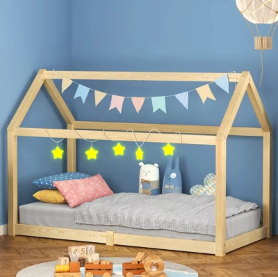 Kids Bed Frame Wooden Timber Single House Frame Platform Bed Base Oak RRP $899