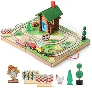 SainSmart Jr. Wooden Train Set 78 PCS, Portable Farm Log Cabin, Take-Along Tabletop Railroad with Building Block for Toddlers and Kids Ages 3+