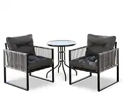 ALFORDSON Outdoor Patio Bistro Set with UV-Resistant PE Wicker, Conversation Set with 2X Armchairs and R60x70cm Coffee Table, Lounge Chair & Side Table with Water-Resistant Cushions, Black Grey