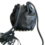 Cynthia Rowley Leather Studded Drawstring Bag Tassels Crossbody Brass Black New
