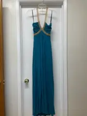 NWT SKY BRAND Blue Maxi Dress Gold Chain Straps Trim Sz XS NEW