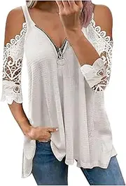 [Generic] 2022 Summer Clod Shoulder T-Shirts for Women Casual Tees Loose Fit Tunic Tops Sexy Short Sleeve Plus Size Zipper Blouses