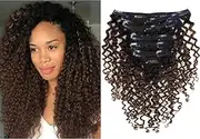 Kinky Curly Hair Extension Clip in Human Hair Extensions 10-22 inch 7Pcs/120G Ombre Natural Black Hair Extensions Colored Two Tone Dark Brown 3B 3C For Black Women (16 inch, Ombre #1B/4 Curly)