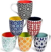 Annovero Coffee Mugs, Set of 6 Modern Colorful Cute Porcelain Mugs/Cups with Large Handle, for Women or Men, Great for Tea, Cocoa or Hot Chocolate, 16 Fluid Ounce Capacity