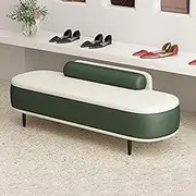 Portable Storage Storage Bench with Seat Entryway Storage Box Modern End of Bed Bench Living Room Bench with Lumbar Pillow Faux Leather Footrest Stool Dark Green and Beige 60cm