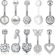 [JESMODA] 10PCS Belly Button Rings 14G 1.6MM Stainless Steel Curved Body Piercing Barbell Rings Belly Rings Navel Piercings Pack for Women Silver Gold