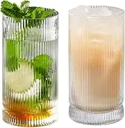 Ribbed Crystal Highball Glasses, Drinking Glassware,Water Glasses Cup for Bar, Home, Tall Glass Cups for Ice Coffee Juice Beer Cocktail 2pcs
