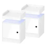 Oikiture Set of 2 Bedside Table LED Nightstand USB Charging Station White