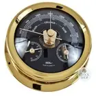 12.5cm Polished Brass Black Barometer With Thermometer & Hygrometer By FISCHER