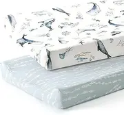 GRSSDER Stretch Ultra Soft Jersey Knit Changing Pad Cover Set 2 Pack, Change Table Pad Covers Fit 32"/34" x 16" Pads Safe and Snug, Sea Fish Print for Girls and Boys