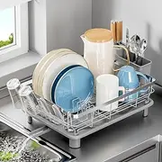 SanDream Dish Drying Rack, Dish Rack, Stainless Steel Dish Drainer for Kitchen Counter, Dish Rack with Draining Tray & Cutlery Utensil Holder, Kitchen Storage & Organisation(Grey)
