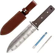 Hori Hori Garden Knife with FREE Diamond Sharpening Rod, Ideal Gardening Digging Weeding Tool, Stainless Steel Blade with Protective Handguard and Full Tang Handle, Comes with Leather Sheath