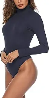 [Queen.M] Women's Basic Solid Bodysuit Turtleneck Leotard Top Long Sleeve Bodycon Jumpsuit Stretchy Romper