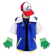 Men Anime Blue Jacket Costume Boys Girls Ash Ketchum Cosplay For Halloween Party Women Trainer Cap And Gloves Set-r Kids140