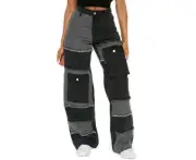Color Block Jeans for Women High Waisted Straight Leg Stretch Patchwork Denim Pants-black