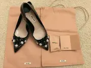 MIU MIU Women's Leather Shoes Black Size 6.5 U.S. Embellished w/ Applique