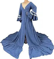 [D&J DON&JUDY] V Neck Ruffle Sleeves Flowy Plain Party Maxi Dress Baby Shower Dress Slit Maxi Photo Shoot for Photography