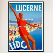 Galrie Lucerne Lido Switzerland Vintage Travel Poster Stunning Wall Art for Home & Office, Black Frame, 70 x 100cm (28 x 40inch)
