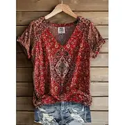 Women's T Shirt Floral Graphic Paisley Bohemia Vintage Stylish Short Sleeve V Neck Regular Tops Daily Going out Weekend Print Red Light Brown Green off-white S