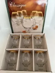 Set Of 6 Pasabahce 24k Gold Encrusted Rim Cognac/Brandy Snifter Glasses 5" New