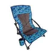 Bliss Blue Flower Hammocks Collapsible Beach Chair W/ Cup Holders | Storage Bag