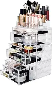 Anshine Makeup Organizer For Vanity, Clear Stackable Cosmetic Storage Case With 8 Drawers And 1 Tray For Makeup Brush Hair Accessories, Lipstick and Jewelry
