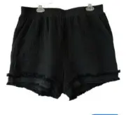 Cynthia Rowley Waffle Knit Cotton Pull-On Fringe Shorts Black Plus Size 3X