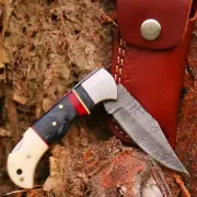 Custom Damascus Steel Pocket Knife Lock Back Folding Knife with Sheath | Camping