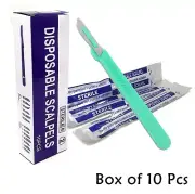 10 DISPOSABLE STERILE SURGICAL SCALPELS #20 WITH GRADUATED PLASTIC HANDLE