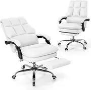 Giantex Ergonomic Office Chair, PU Leather Computer Chair with Adjustable Swivel Seat, Reclining Backrest, Linkage Armrests & Retractable Footrest, Executive Task Chair (White)