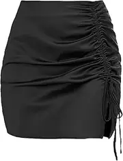 [Aosufei] Women's Drawstring Satin Slim Skirt High Waist Pleated Solid Skirt Sexy Cocktail Party Mini Skirts