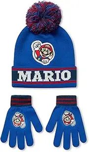 [Super Mario] Nintendo Boys Beanie Hat and Glove Set | Kids Blue and Red Knitted Bobble Hat