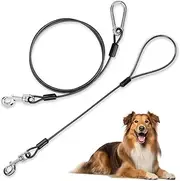 Chew Proof Dog Leash Set, 5Ft Heavy Duty Tie Out Cable with 2Ft Detachable Short Leash for Medium and Large Dogs, Suitable for Training Teething Puppies, Waterproof Coated Wire Rope, Black