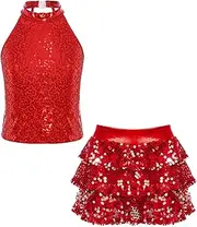 [Miutii] Sequins Dance Costume for Girls Hip Hop Dancewear Jazz Dance Dress Crop Top with Skirt Salsa Samba Rumba