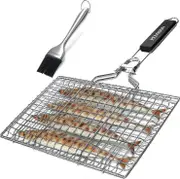 Penobon Basket Grid For Barbecue, Foldable In Stainless Steel, For Cooking Fish, Vegetables Or Shrimps, With Removable Handle, Brush Brush.