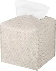 Tissue Box Cover PU Leather Tissue Holder Square Facial Tissue Case Facial Paper Organizer Dispenser for Bathroom, Vanity Countertop, Tabletop, Car, Griege