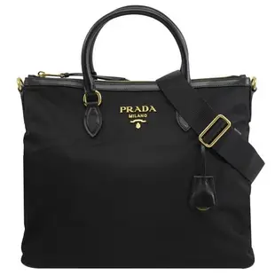 PRADA 1BC060 金字LOGO尼龍布皮飾邊手提兩用包.黑色