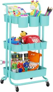 3-Tier Rolling Mobile Utility Cart with Hanging Cups & Hooks & Handle Multifu...