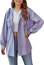 [Mingzhu] Womens Casual Hooded Flannel Plaid Shirts Button Down Hoodie Shacket with Pockets