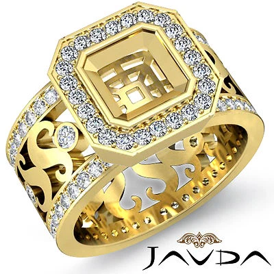Pave Diamond Engagement Asscher Shape Huge Ring 14k Yellow Gold Semi Mount 1.3Ct