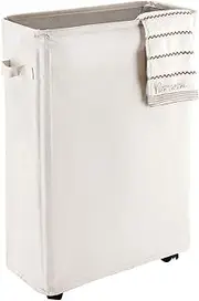 Caroeas Laundry Basket on Wheels, Slim Laundry Hamper Collapsible with Note Cards Waterproof Corner Hamper with Lid Breathable Mesh Cover (Slim 22 inch,Beige)
