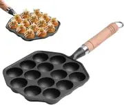 Cast Iron Plate Grill PanforPancake,Appam 14 Compartment Tray with Wooden Handl