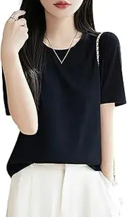 [Generic] Women's Silk Blouse Short Sleeve Pure Mulberry Silk Round Neck Stretchy Basic Tee Summer Tops