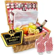 Picnic Basket, Wicker Basket with Handle for Outdoors, Insulated Woven