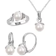 Amour Silver FW Pearl & Diamond Twisted Pendant, Chain Ring & Earrings Set