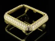 Yellow Gold Finish Stainless Steel Apple I-Watch Created Diamond 42MM Bezel Case